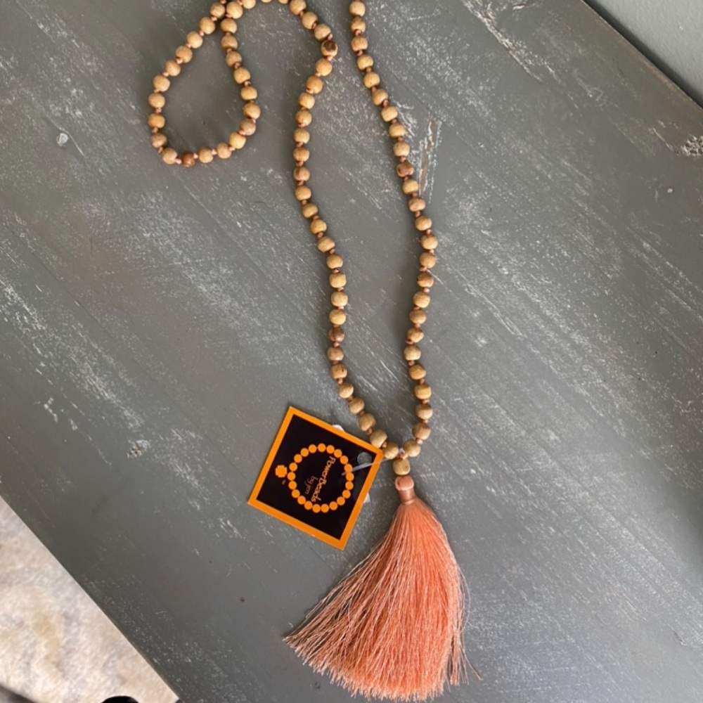 PowerBeads Tassel Wooden Beaded Long Necklace NWT Peach